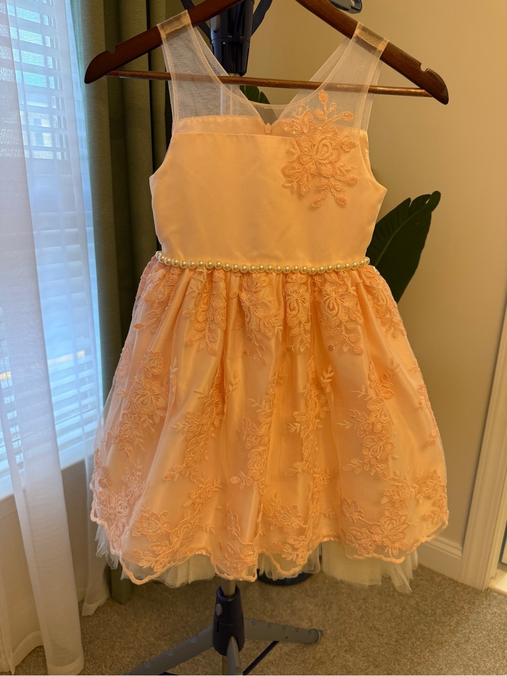 Formal Peach Lace Flower Girl Dress with Pearl Waist